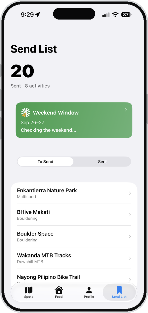 The Send List tab showing saved spots to visit