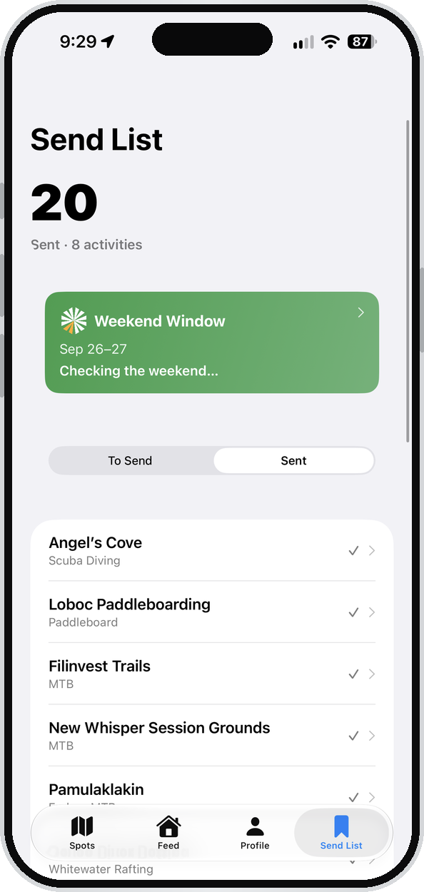 The Sent tab counting spots done across activities