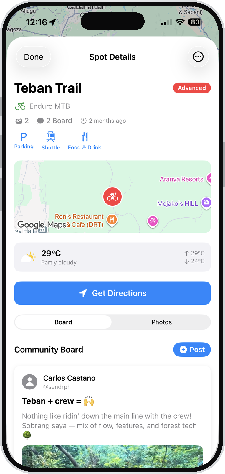 The Sendr Spots app showing the Teban Trail spot page